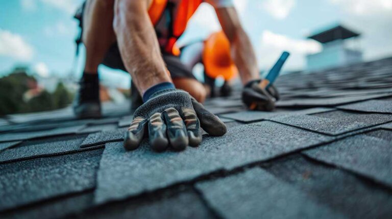 A person using gloves to remove leaves and debris from a house gutter on a clear day.