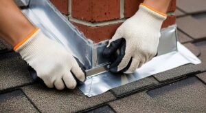A homeowner examines a ceiling water stain while a roof with damaged shingles is visible through an attic window.